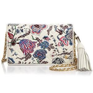 Tory Burch Fleming Floral Leather Chain Wallet Crossbody Purse Bag White Purple